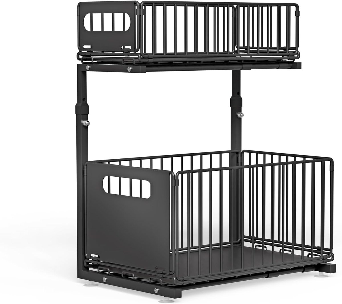 Opslag onder de gootsteen, 2 niveaus, voor kast, 26,5 x 38 x 48,5 cm, zwart/1 | Metalen manden, stille schuifrails, antislip zuignappen, hoge leuning, gebruik keuken en badkamer
