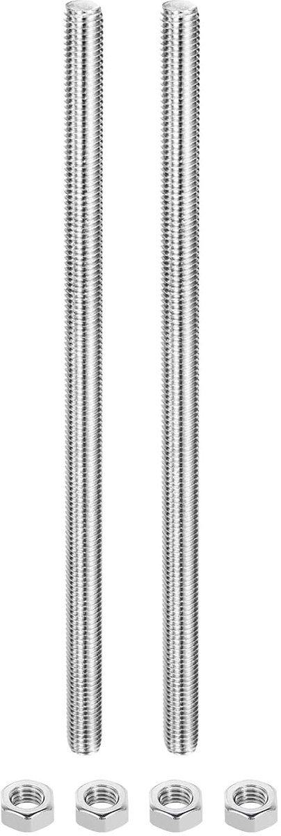 Set van 2 draadstangen M12 x 250 mm schroefdraadpennen 4 stuks zeskantmoeren, 1,25 mm schroefdraadhelling 304 roestvrij staal rechtse schroefdraad stangen bouten