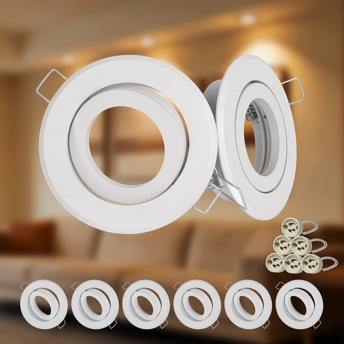 Set van 6 GU10 inbouwspots, geribbeld ontwerp en anti-verblindingsarm, aluminium, 30° draaibaar, inclusief GU10 fitting voor LED- en halogeenlampen, geschikt voor inbouwplafondmontage