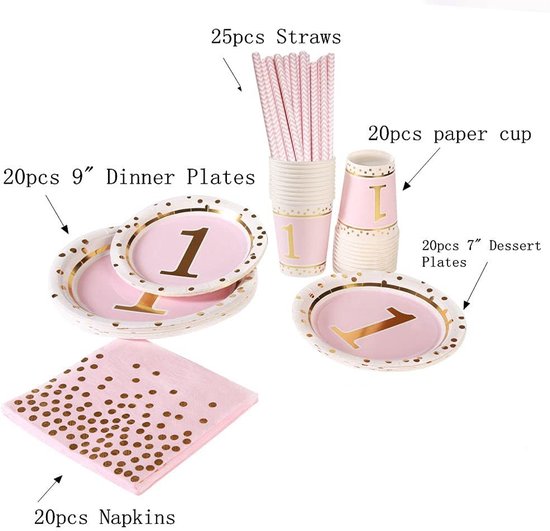 100 stuks 1e feestaccessoireset, verjaardagsfeestborden, set - 25 en 7 cm papieren borden en kopjes rietjes voor feesten, vakantie, Kerstmis, babyshower decoraties — afbeelding 2