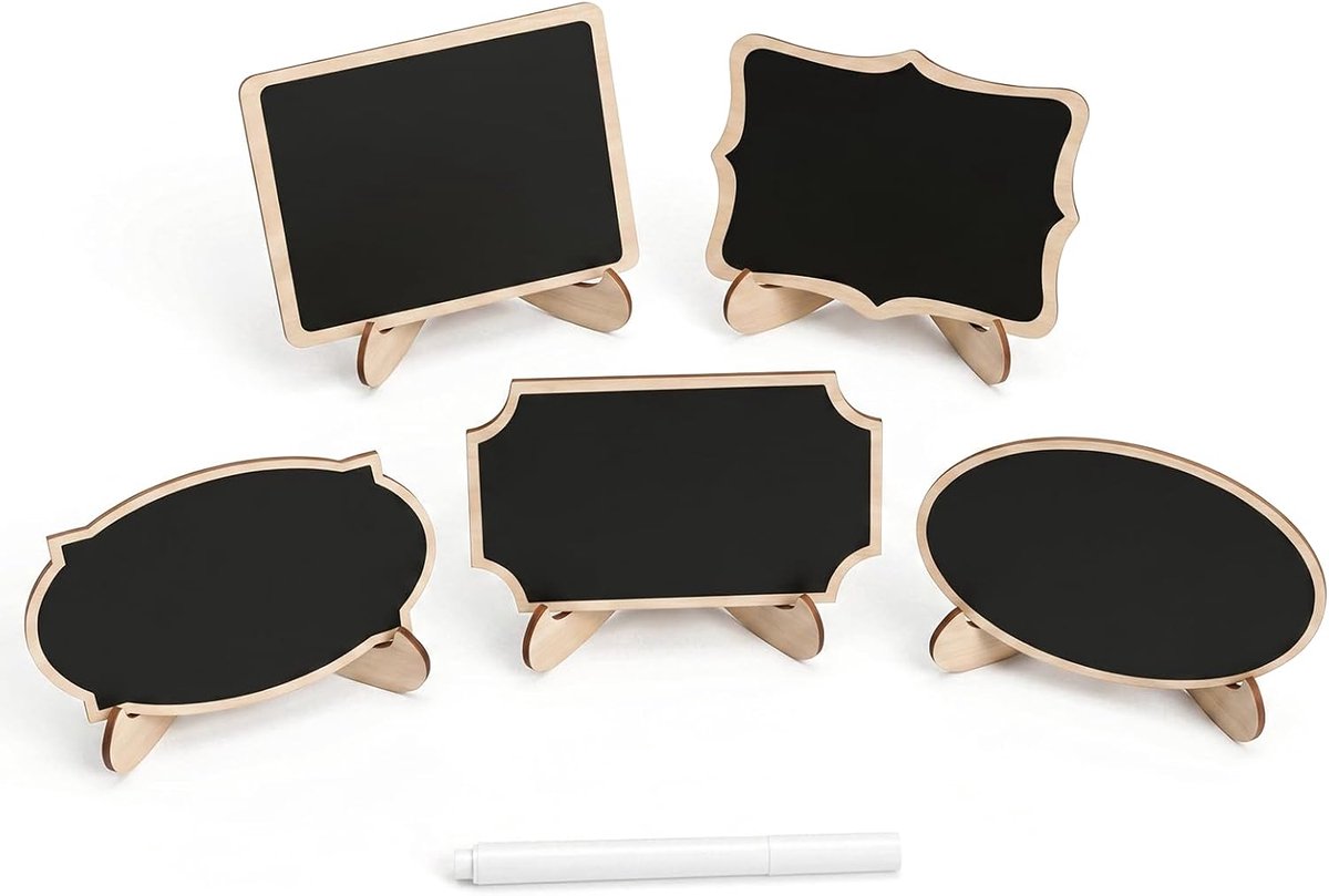 14 stuks mini-krijtbordborden, mini-krijtborden met standaard, kleine uitwisbare schoolborden, houten borden om op te schrijven, prijskaartjes voedseletiketten voor buffet bruiloftsfeest, met 1 pen