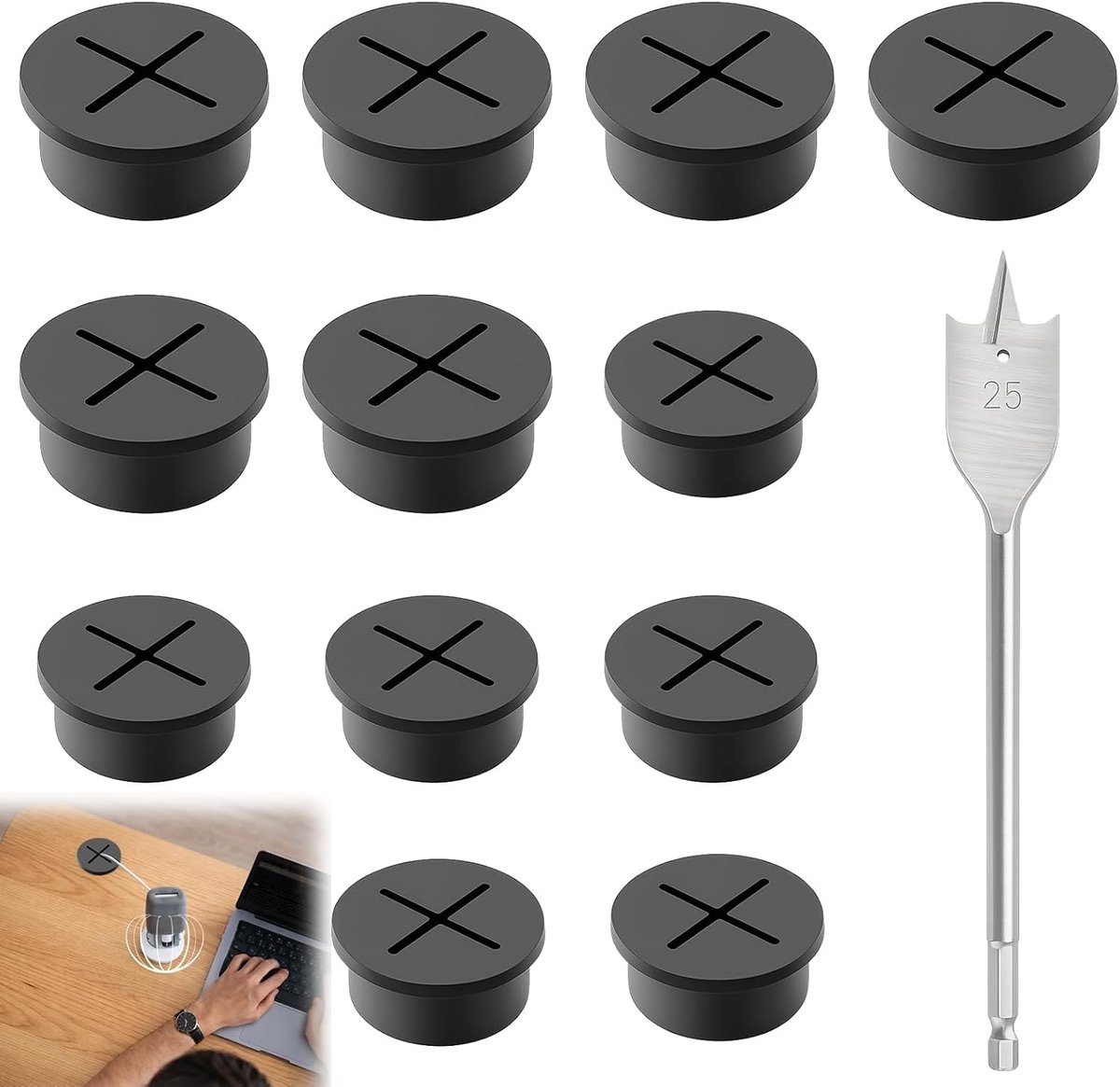 Kabeldoorvoer voor bureau, 13 stuks, 25 mm, kunststof, kruisvormig design, kabeldoorvoer voor kantoor, thuis, school en computer (zwart)