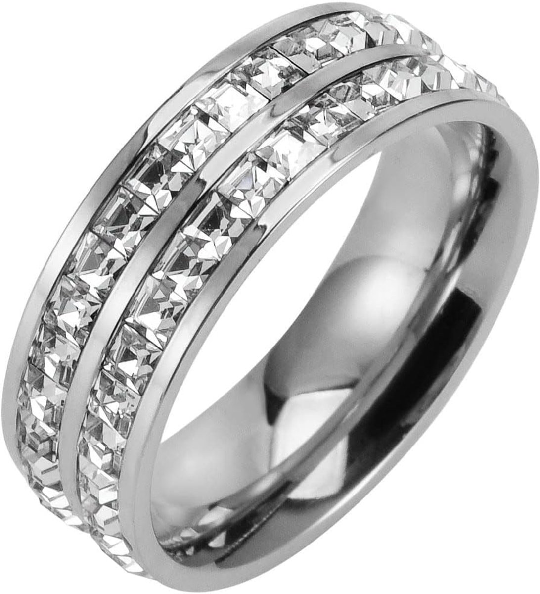 Ring eenvoudig, roestvrij stalen ring heren dames goud/roségoud/zilver eeuwigheid met witte vierkante zirkonia ringen verlovingsring