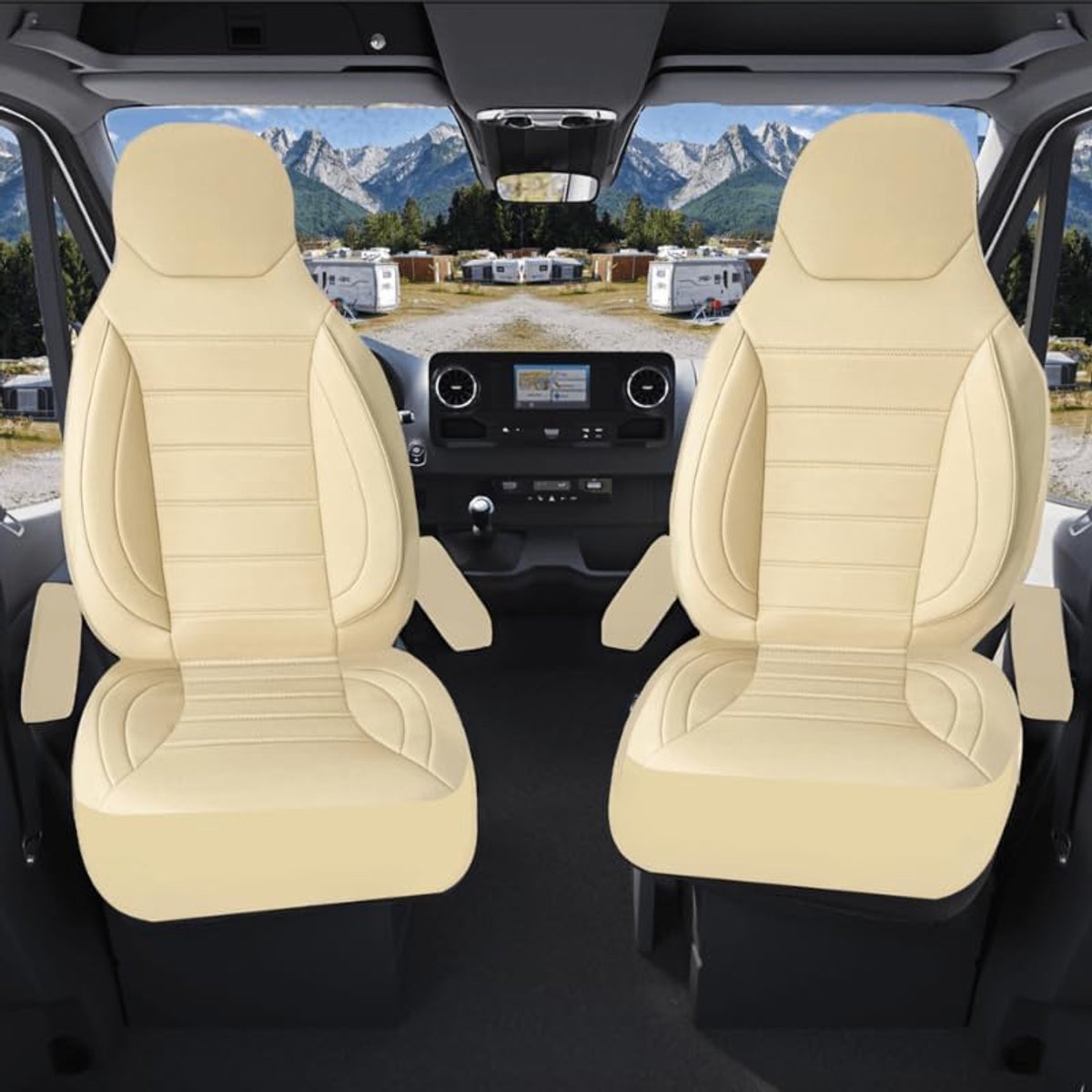 Stoelhoezen compatibel met Peugeot Boxer Caravan | Camper perfecte pasvorm, set van 2 delen - bestuurder 1 + passagier 1 stoel | met armleuninghoezen | CBS102 | beige