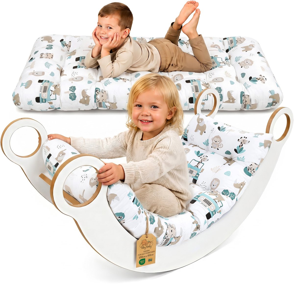 Klimboog kussen & vloerkussen voor kinderen 60x120 cm - vloermatras omkeerbaar – zitkussen voor de wipstoel spelen lezen ontspannen kinderkamer katoen Oeko-Tex Afrika
