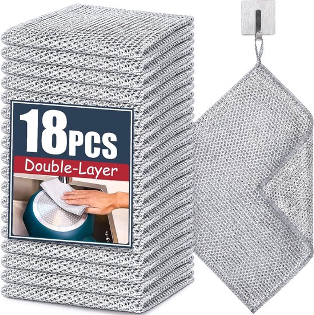 18 Stuks Afwasdoeken - Vaatdoeken van Staaldraad - Draadvaatdoeken(Dubbellaags) - Vaatdoeken - Zilverdraaddoeken - Schoonmaak Doeken - Schuursponsje - Herbruikbare - Multifunctionele Draadafwasdoek voor nat en droog - Niet-Krasbare Draadvaatdoek