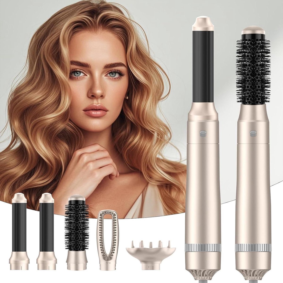 Haarstyler 5-in-1 - Warme Lucht Borstel - Haar Modelleren - Wisselbare Opzetstukken - 8 x 4.5 x 48 cm - Goud