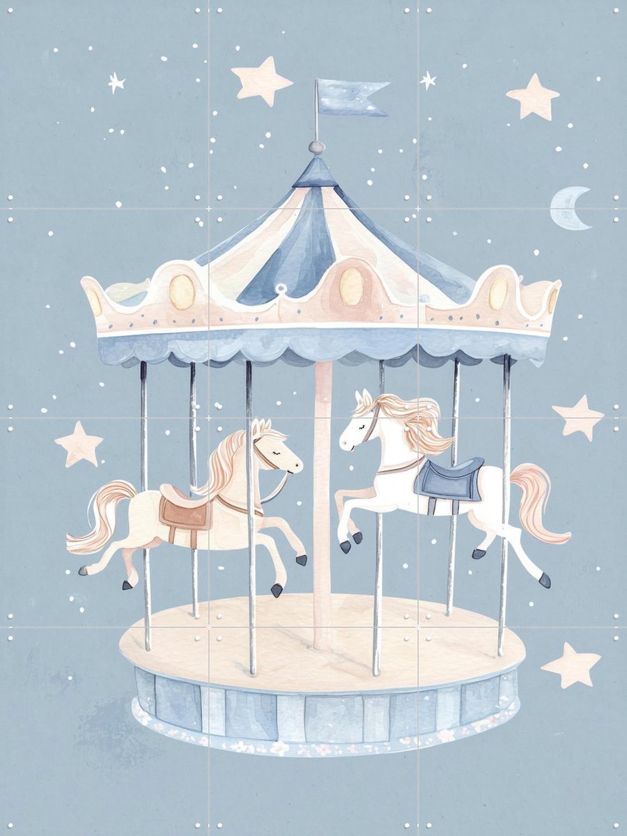 IXXI Dreamy Carousel Ride, Treechild & Various - 60 x 80 cm - Gratis ophangtool - Grote wanddecoratie en posters - Vintage, Speels, Cartoonesk