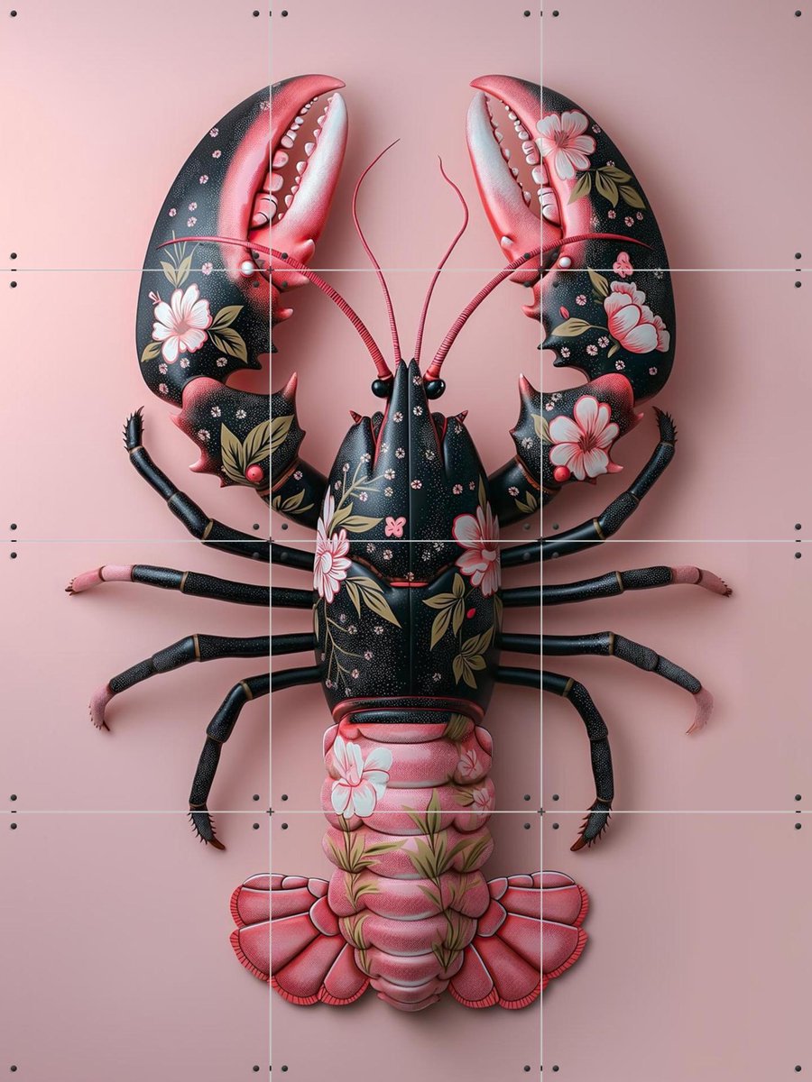 IXXI Pink Black Flower Lobster, OTTI - 60 x 80 cm - Gratis ophangtool - Grote wanddecoratie en posters - Gemengde Technieken, Surrealisme, Woonkamer