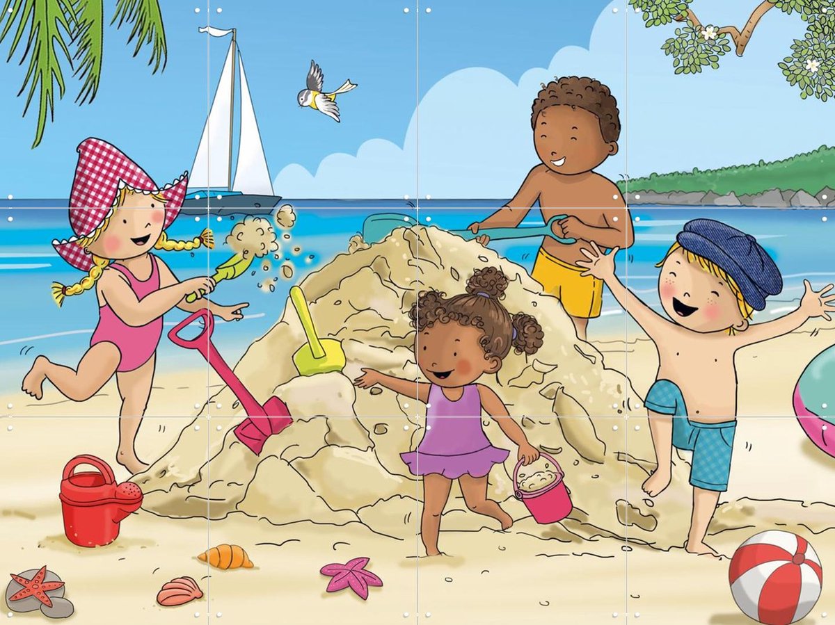 IXXI Fien & Teun spelen op het strand, Fien & Teun & Van Hoorne Studios - 80 x 60 cm - Gratis ophangtool - Grote wanddecoratie en posters -