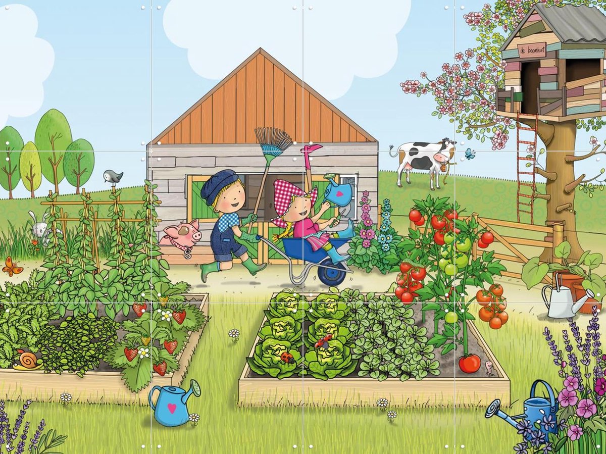 IXXI Fien & Teun in hun moestuin, Fien & Teun & Van Hoorne Studios - 80 x 60 cm - Gratis ophangtool - Grote wanddecoratie en posters - Speels