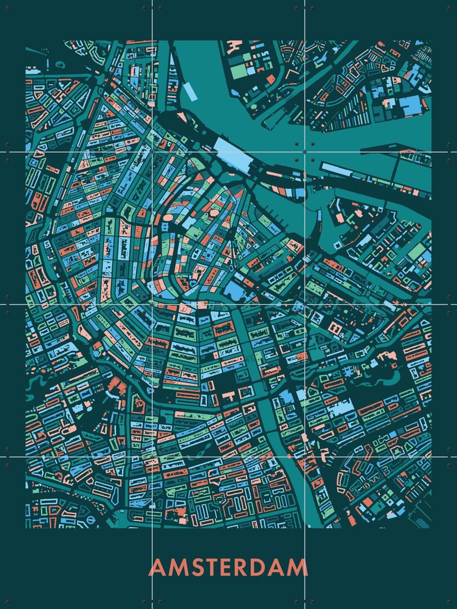 IXXI Amsterdam Mozaïek Teal, Kunst in Kaart - 60 x 80 cm - Gratis ophangtool - Grote wanddecoratie en posters - Modern, Kleurrijk, Digitale Kunst