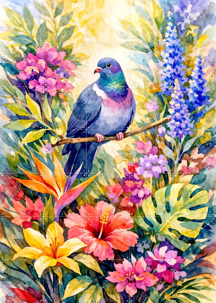 IXXI Duif Tussen Bloemen Jungle, Natalie Bruns - 100 x 140 cm - Gratis ophangtool - Grote wanddecoratie en posters - Aquarel, Kleurrijk, Fantasierijk
