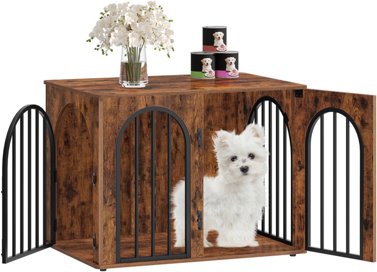 Hzuaneri Hondenkooimeubel, 80 cm, hondenbox, meubels, 3 deuren, vintage bruin | Boogdeur, moderne hondenbox indoor voor honden, bijzettafel, hondenkooi, zeer belastbaar, 80 × 56 × 61 cm