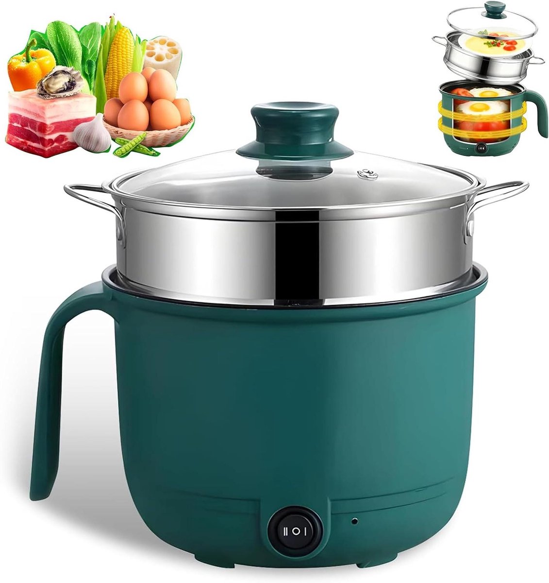 Elektrische Kookpan - Mini Kookpot Kleine Pan - Snelle Maaltijden - Dubbele Vermogensstanden - 1.5 Liter - Groen