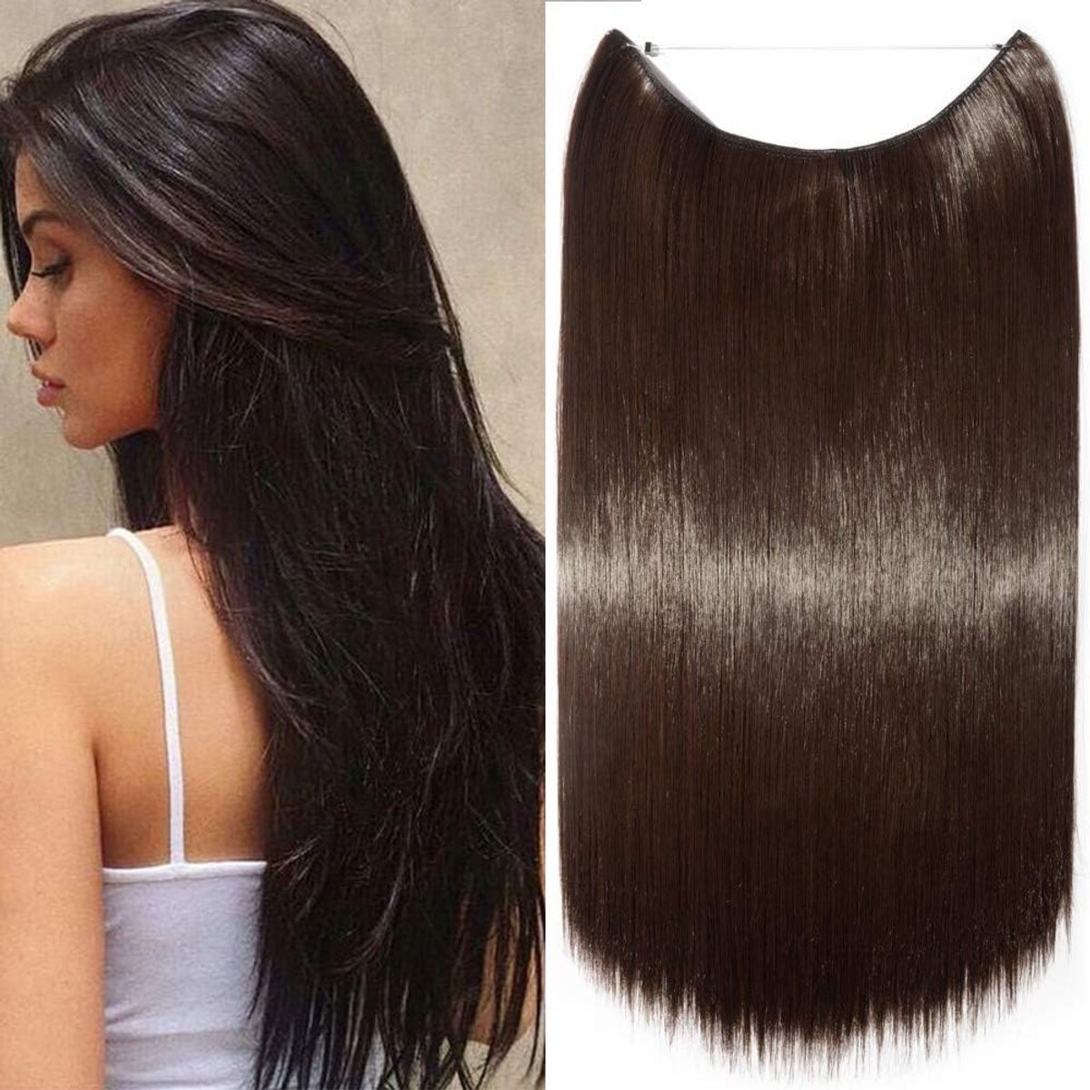 Haarstukje, extensions, haarverlenging, één vlecht met onzichtbare draad, haar, haarverdichting, glad, 50 cm, middenbruin