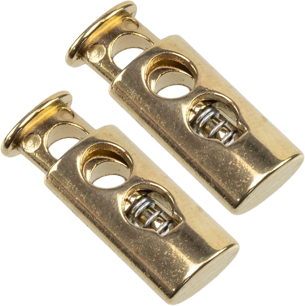 - C78265-set van 2 snoerstoppers met 2 gaten en veer - stopper voor kabelstopper - opening 5 mm - van metaal - goudkleurig