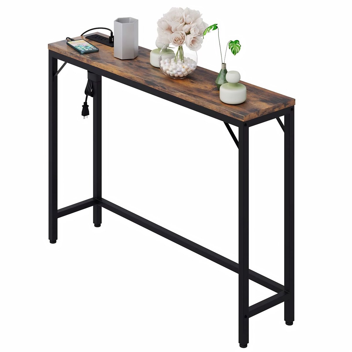 Moderne Consoletafel - Slim design met 2 AC Stopcontacten en 2 USB Poorten - Bruin
