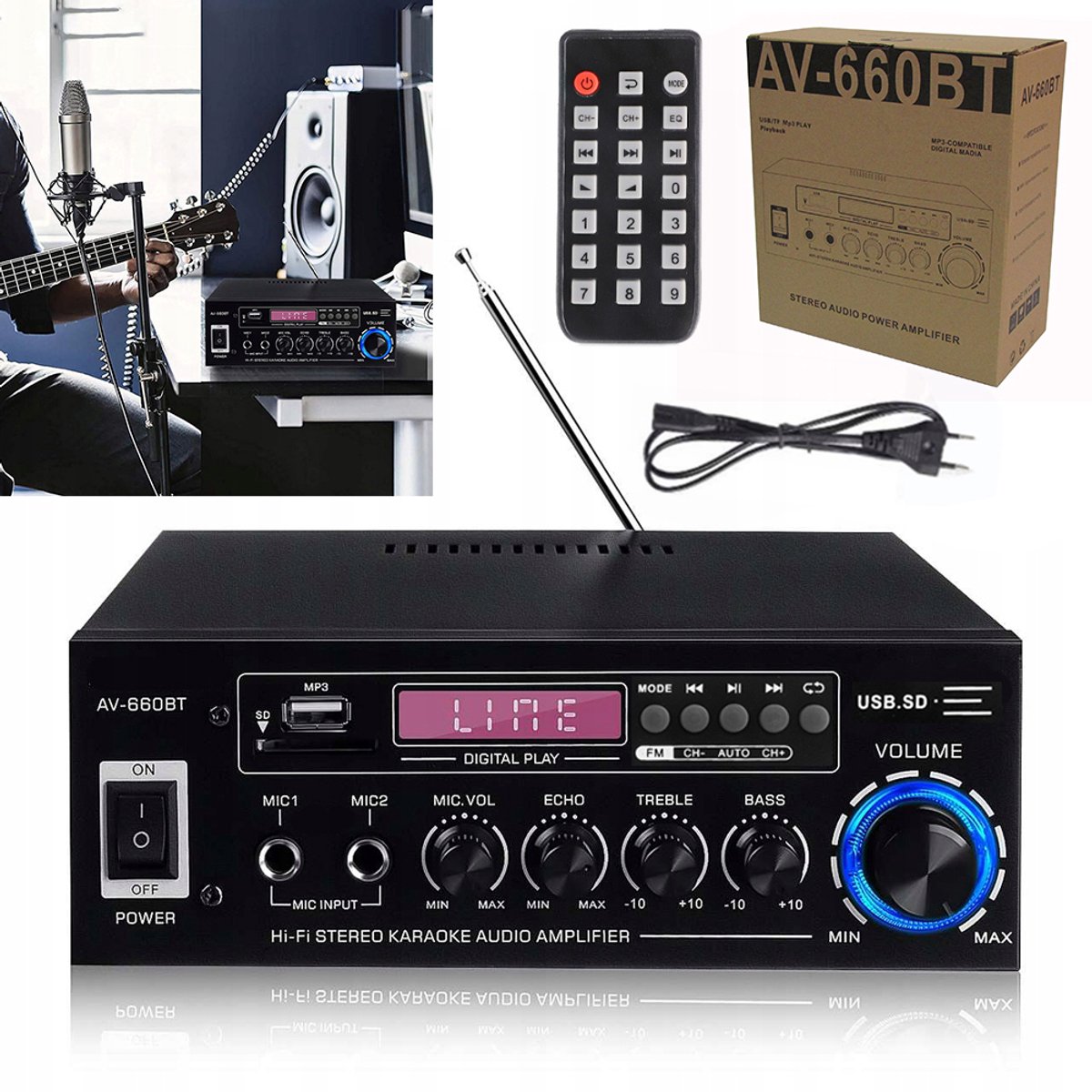 Hi-Fi-versterker - Met Bluetooth 5.0 en afstandsbediening - 12V - Auto- en thuisversterker - Hi-Fi Bluetooth-versterker - Dubbele microfooningangen - Zwart thumbnail 4