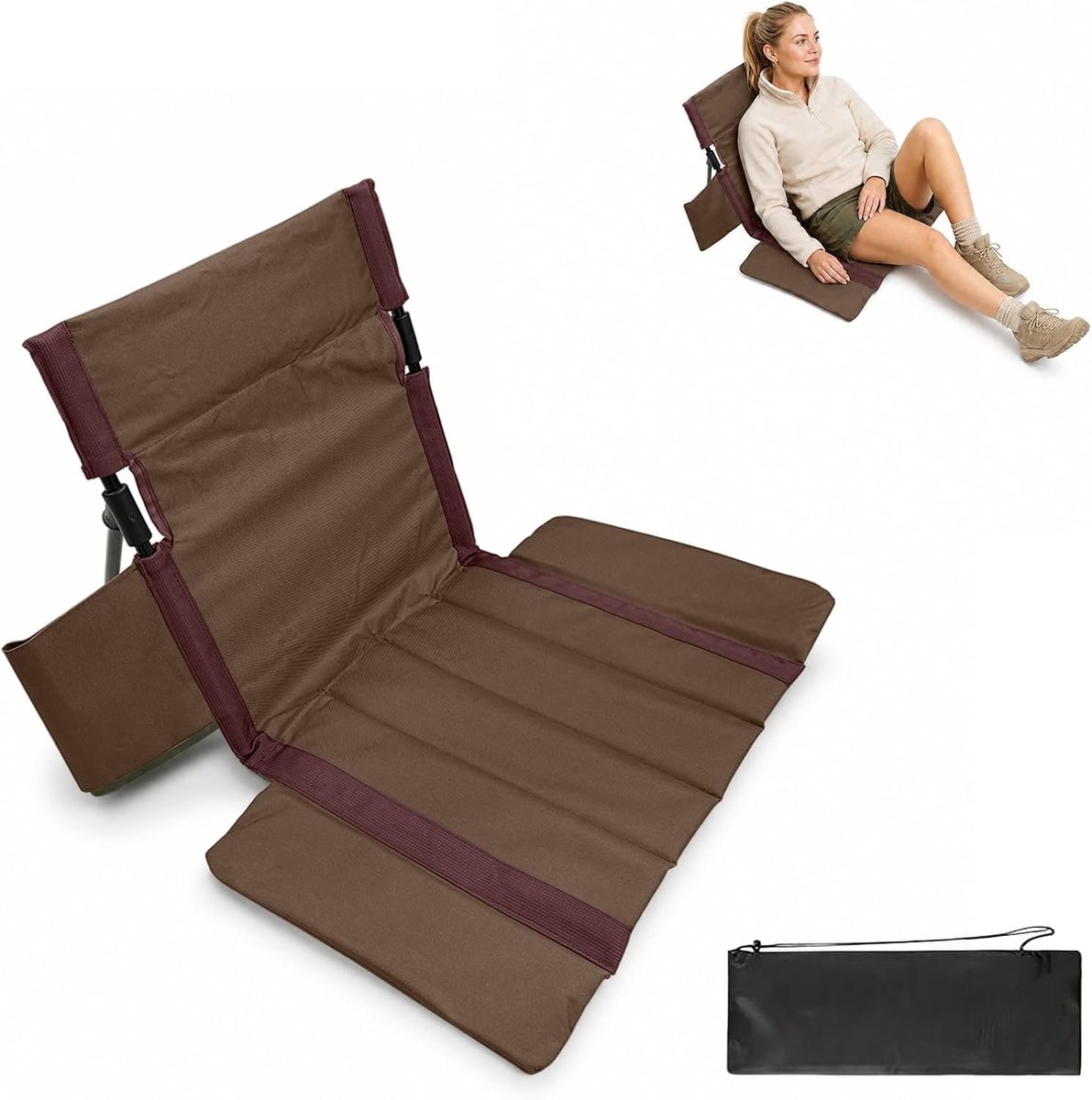 SnelShoppen - Opvouwbare Strandmat met Rugleuning - Lichtgewicht Strandstoel - Uitgebreid Zitkussen - Perfect voor Camping, Picknick, Tuin - Zwart