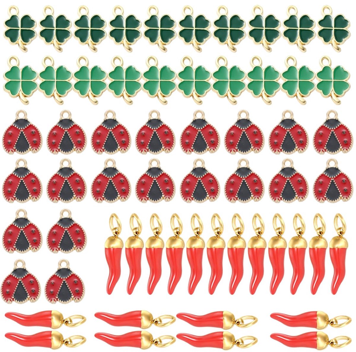 60 stuks geluksbrengers, lieveheersbeestjes en klaverblad groen voor doe-het-zelf sieraden, halskettingen, armbanden, sleutelhangers van metaal