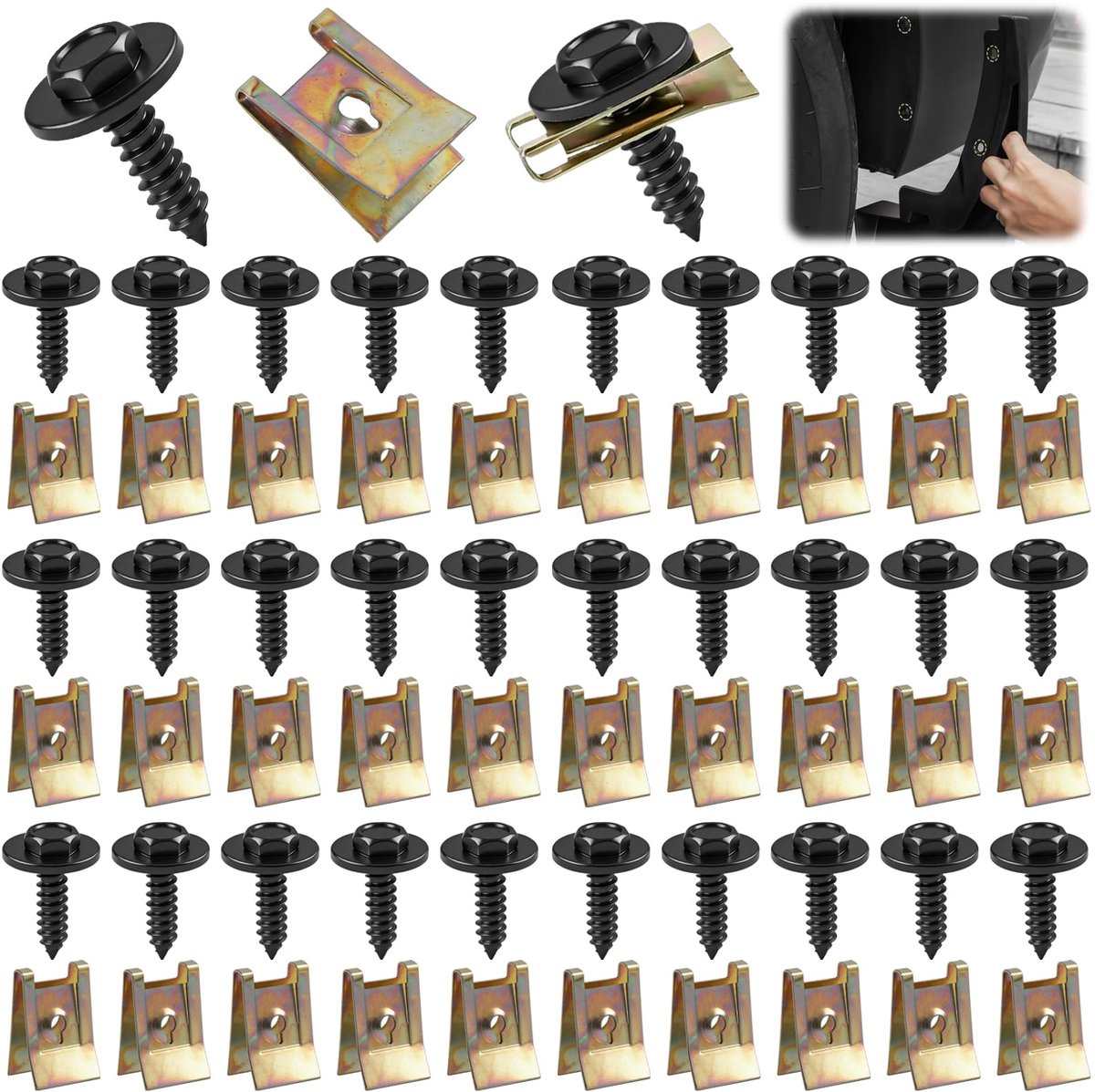 Bevestigingsset voor auto, 30 stuks, zelfborende schroeven en U-clips, mangaanstaal, voor carrosserie, deuren, bumpers, spatborden