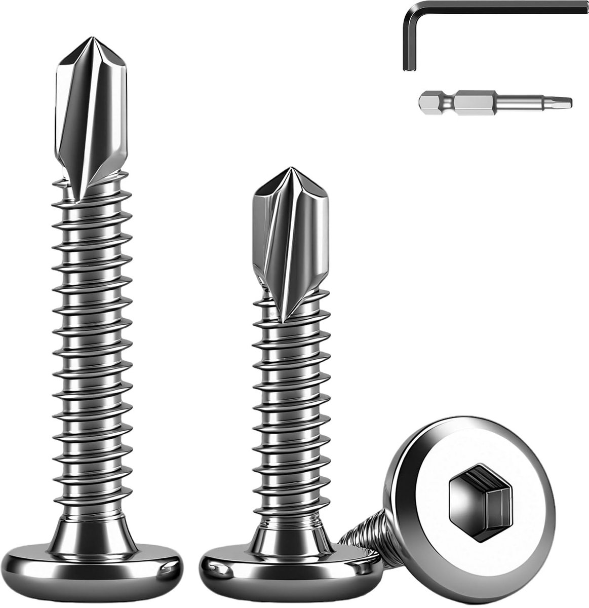 60 stuks Zelfborende Schroeven voor Metaal 5.5x16mm, 410 Roestvrijstalen Zelftappende Schroeven, Zeskantkop Platkopschroeven met Schroevendraaierbit en Inbussleutel