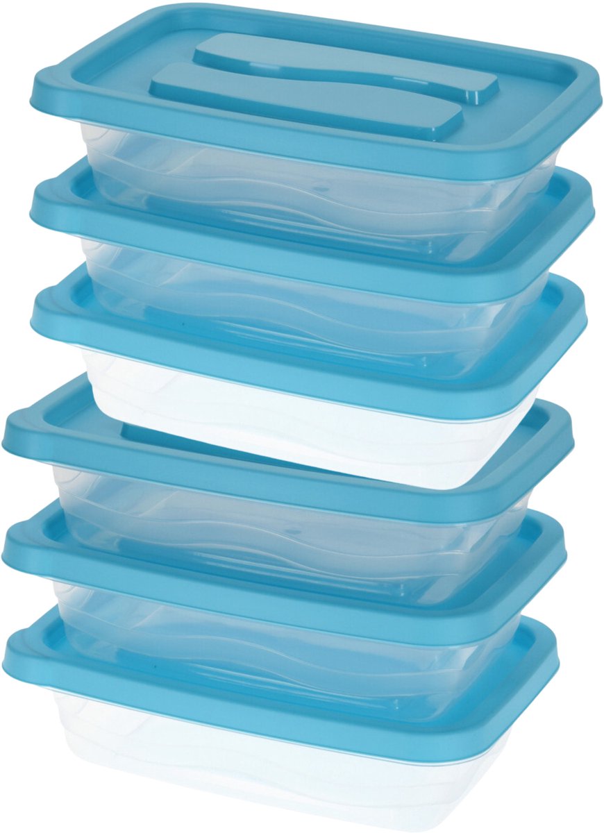 Excellent Houseware Voorraadbakjes/bewaarbakjes - blauwe deksel - 6x stuks - 1020 ml - Keuken - Eten bewaren - Vershoudbakjes - kunststof