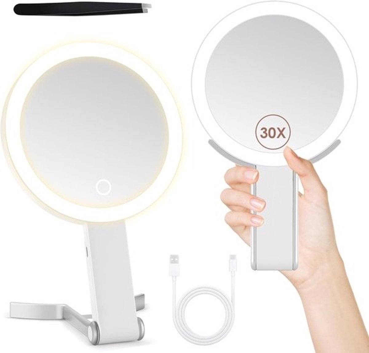 Make-upspiegel met Verlichting en 30x Vergroting voor Tafelgebruik en Reizen