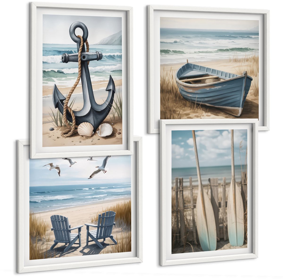 Wallfluent 4-Delige Schilderij Set - Bootanker En Roeispanen Op Het Strand Met De Zee - 40 x 40 En 40 x 60 - Muurdecoratie - Interieur Decoratie - Moderne Wanddecoratie