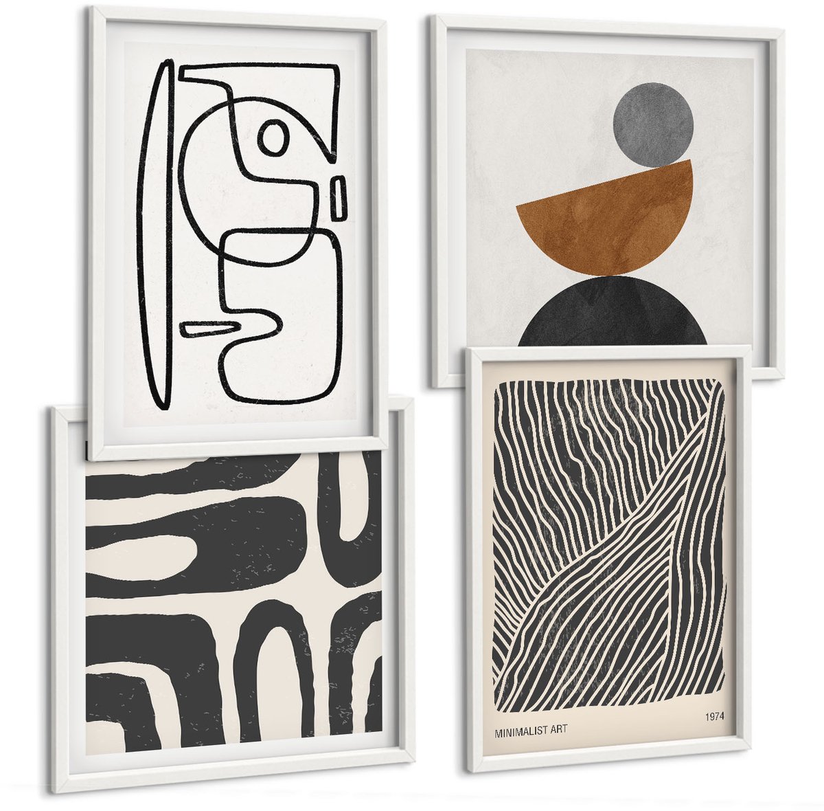 Wallfluent 4-Delige Schilderij Set - Abstracte Patronen Met Lijnen En Texturen Op Een Lichte Achtergrond. - 40 x 40 En 40 x 60 - Moderne Wanddecoratie - Slaapkamer