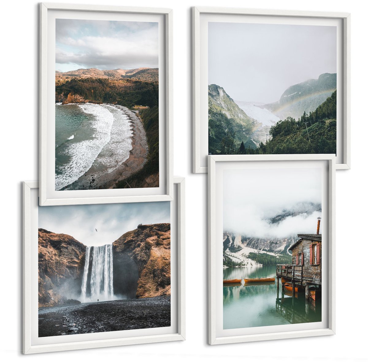Wallfluent 4-Delige Schilderij Set - Uitzicht Op Het Strand In De Bergen Met Wolken En Water. - 40 x 40 En 40 x 60 - Wanddecoratie - Muurdecoratie - Moderne Interieurdecoratie