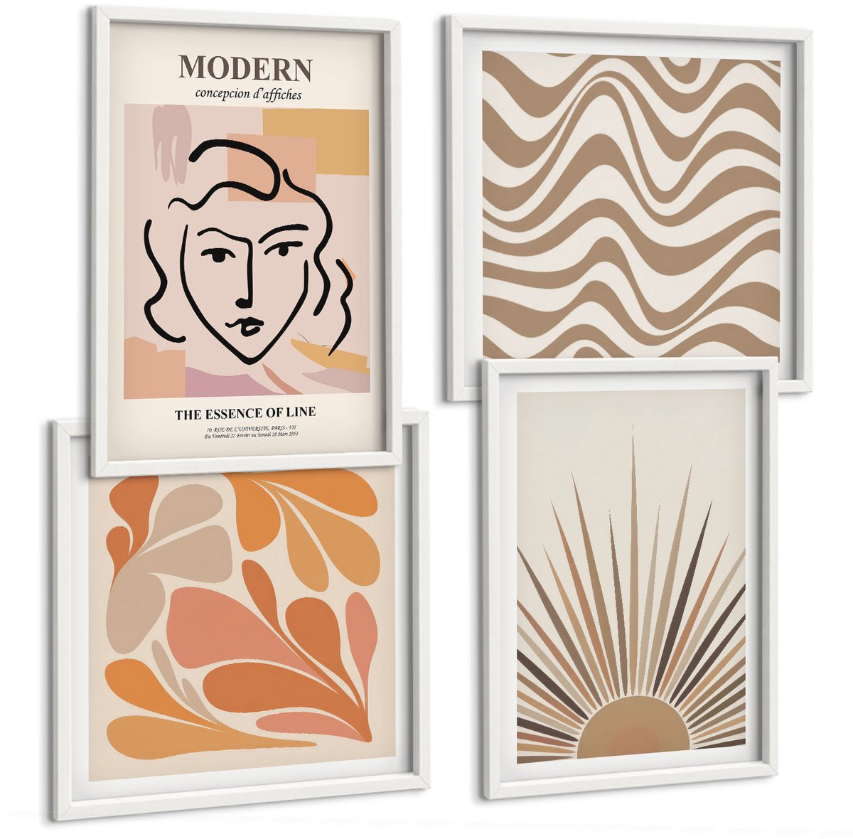 Wallfluent 4-Delige Schilderij Set - Zon Boho Pastel Abstracte Vormen Poster - 40 x 40 En 40 x 60 - Wanddecoratie - Muurdecoratie - Woonkamer