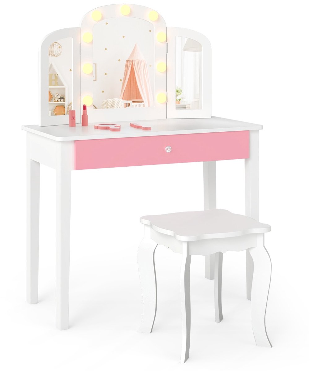 SureDeal® - Kaptafel - Kinderschminktafel Prinsessen Make - Afneembare Spiegel - 70x34x95,5 cm - Wit
