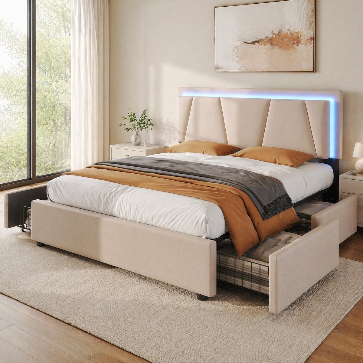 REDOM - Bed - LED-verlichting en 4 lades - Verstelbaar hoofdeinde en lattenbodem - Opbergruimte - Modern - Slaapkamer - Metaal en stof - Beige - 149 x 207 x 102-112 cm