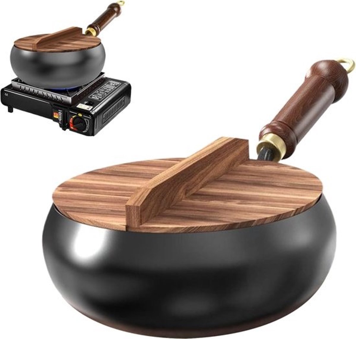 Japanse Smeedoven - Wok Pan - Thuis Koken - Met Houten Deksel - 24 cm - Meerkleurig