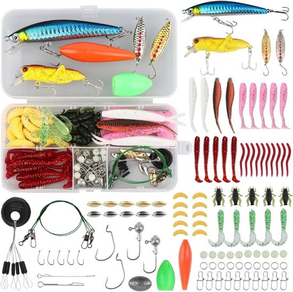 105-delige Vis- en Hengelaccessoire Set: Kunstaas, Jigs, Spinners en Rubberen Vissen voor Forel, Snoek en Baars
