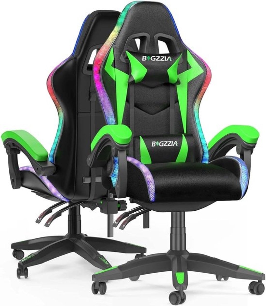 Ergonomische Gaming Stoel met RGB Verlichting, Leidersteun en Hoofdsteun - Groen