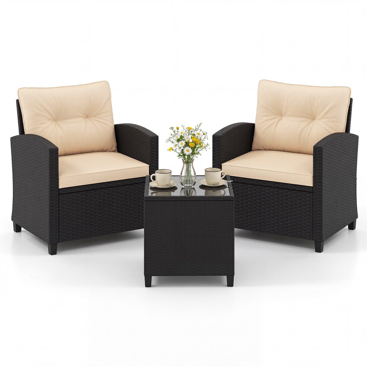 SureDeal® - Tuinset - 3-delige Loungeset Rotan - Zit - Rugkussens Bijzettafel Comfortabele - Tuin Zwart - Beige - 44,5x44,5x45 cm - Bruin