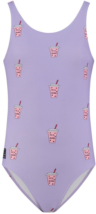 Lila badpak met all-over print van roze milkshakes met rode rietjes en de tekst 'MILK SHAKE'.