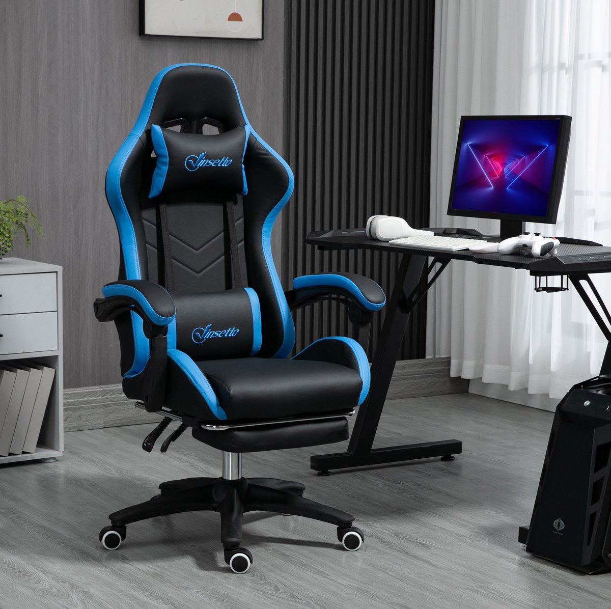 DESMIU Gamingstoel - Hoogteverstelbaar - Met Hoofdsteun En Lendenkussen - Voor Gaming En Bureau - Kunstleer - Blauw Zwart