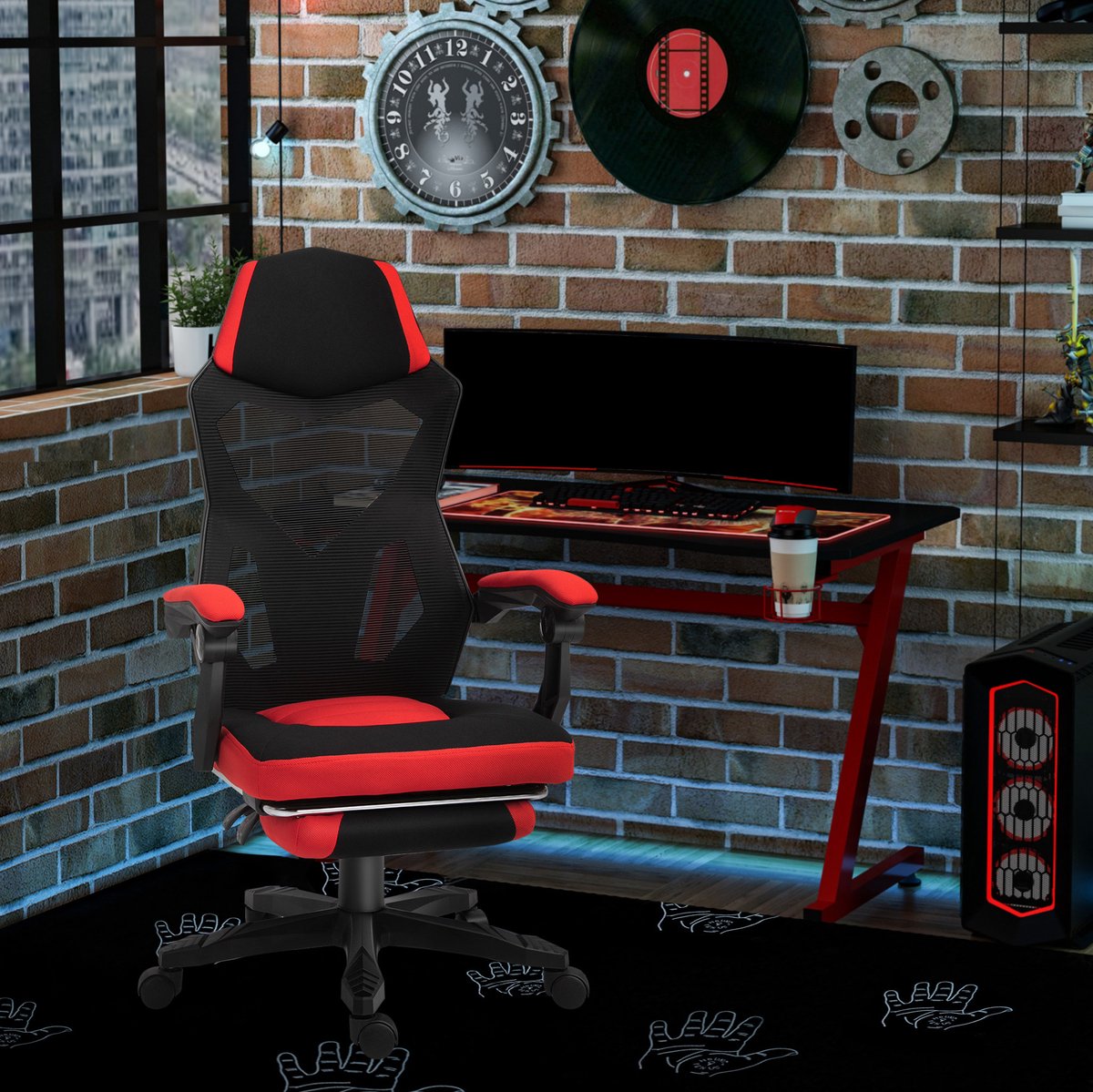 DESMIU Gamingstoel 58 X 63 X 112 122 Cm - Ergonomisch Met Voetsteun En Kantelbare Rugleuning - Voor Bureau En Gaming - Mesh - Zwart Rood