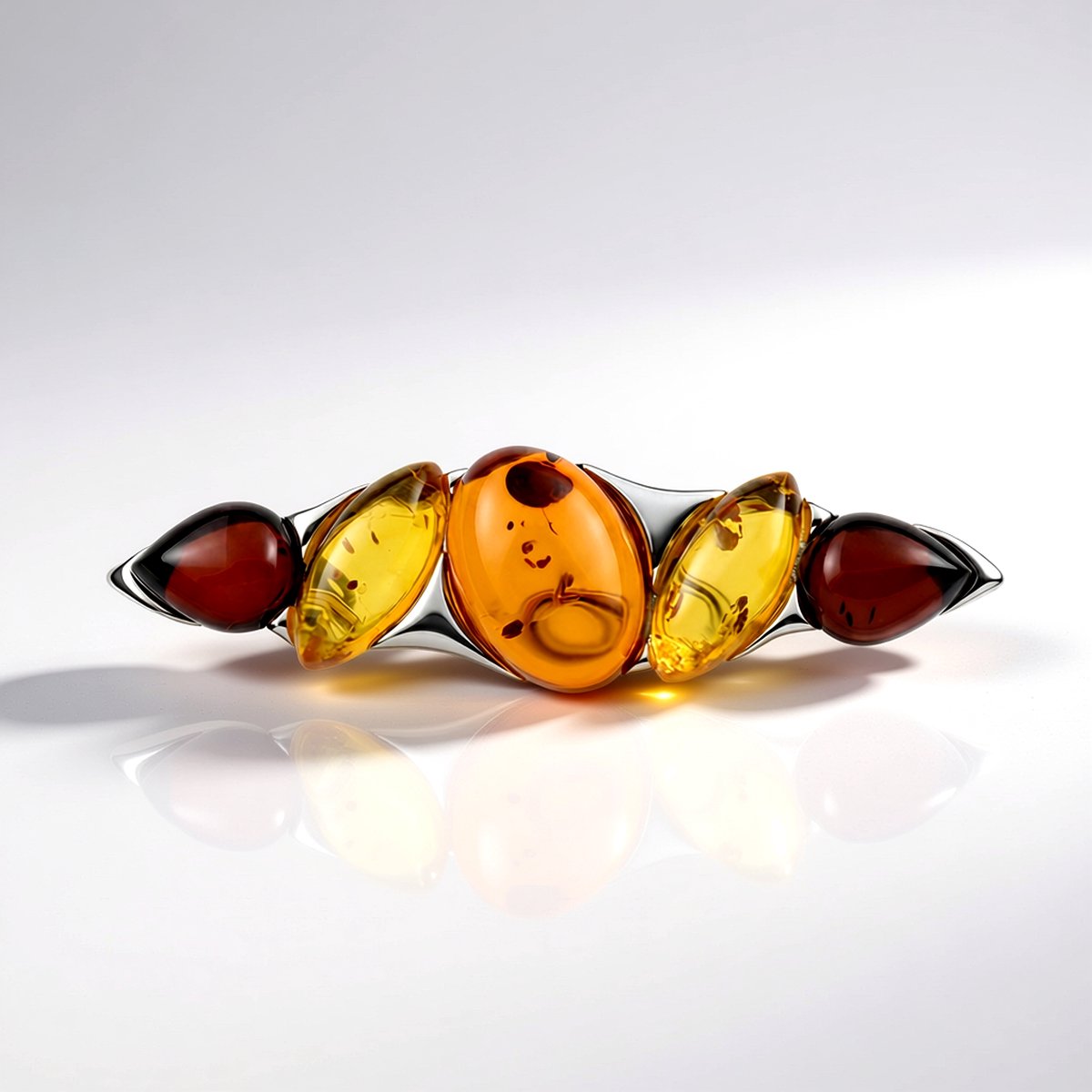 Cavill - Broche 925 Sterling Zilver Gerhodineerd - 5,457 Ct Baltische Barnsteen in Cognac, Citroen & Kersenrood - Elegante Dames Broche