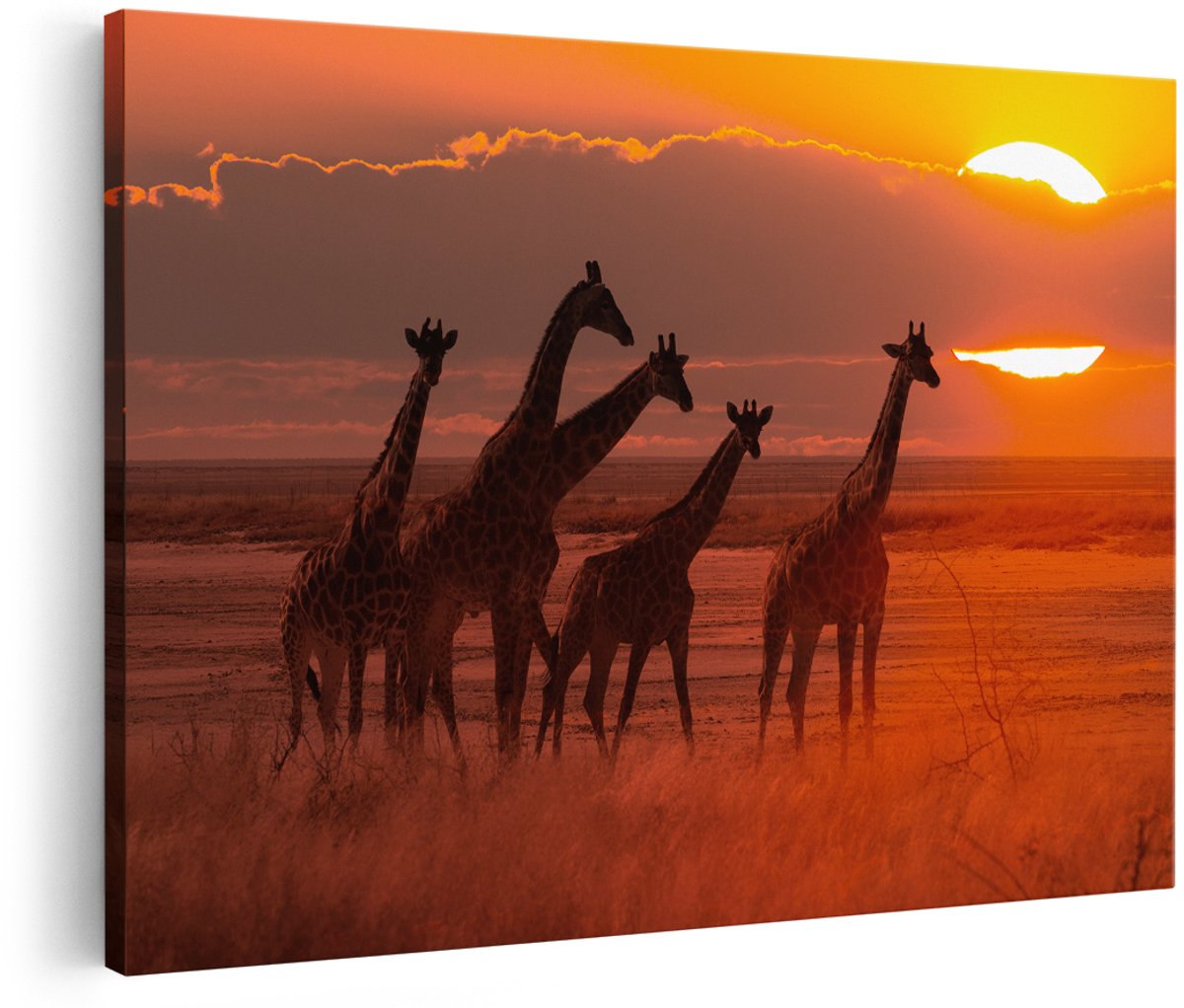Artaza Canvas Schilderij Giraffe Kudde Bij Zonsondergang - 180x120 cm - Groot - Wanddecoratie Woonkamer - Schilderijen - Muurdecoratie