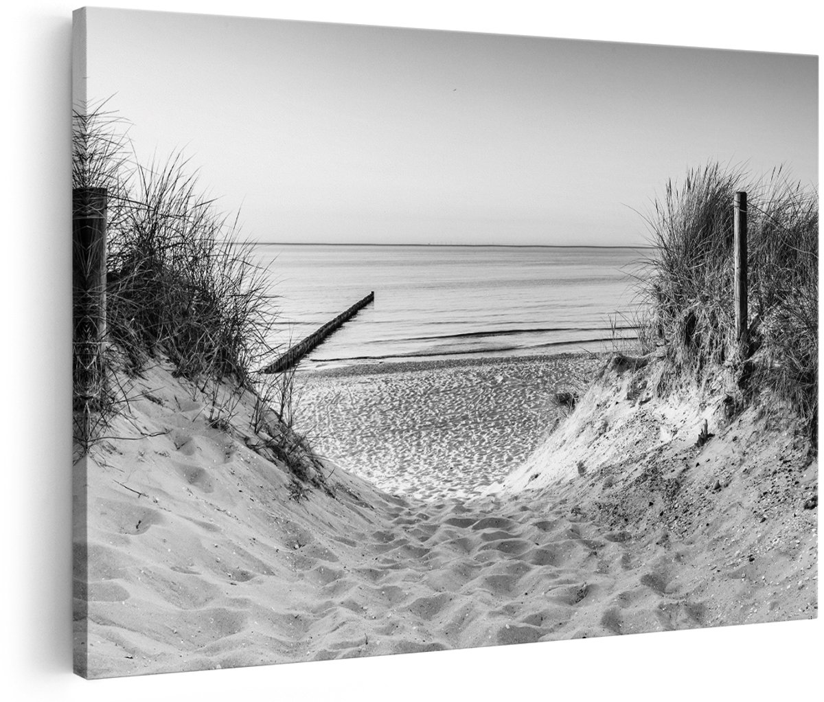 Artaza Canvas Schilderij Voetpad naar Strand en Zee - Zwart Wit - 180x120 cm - Groot - Foto Op Canvas - Wanddecoratie Woonkamer
