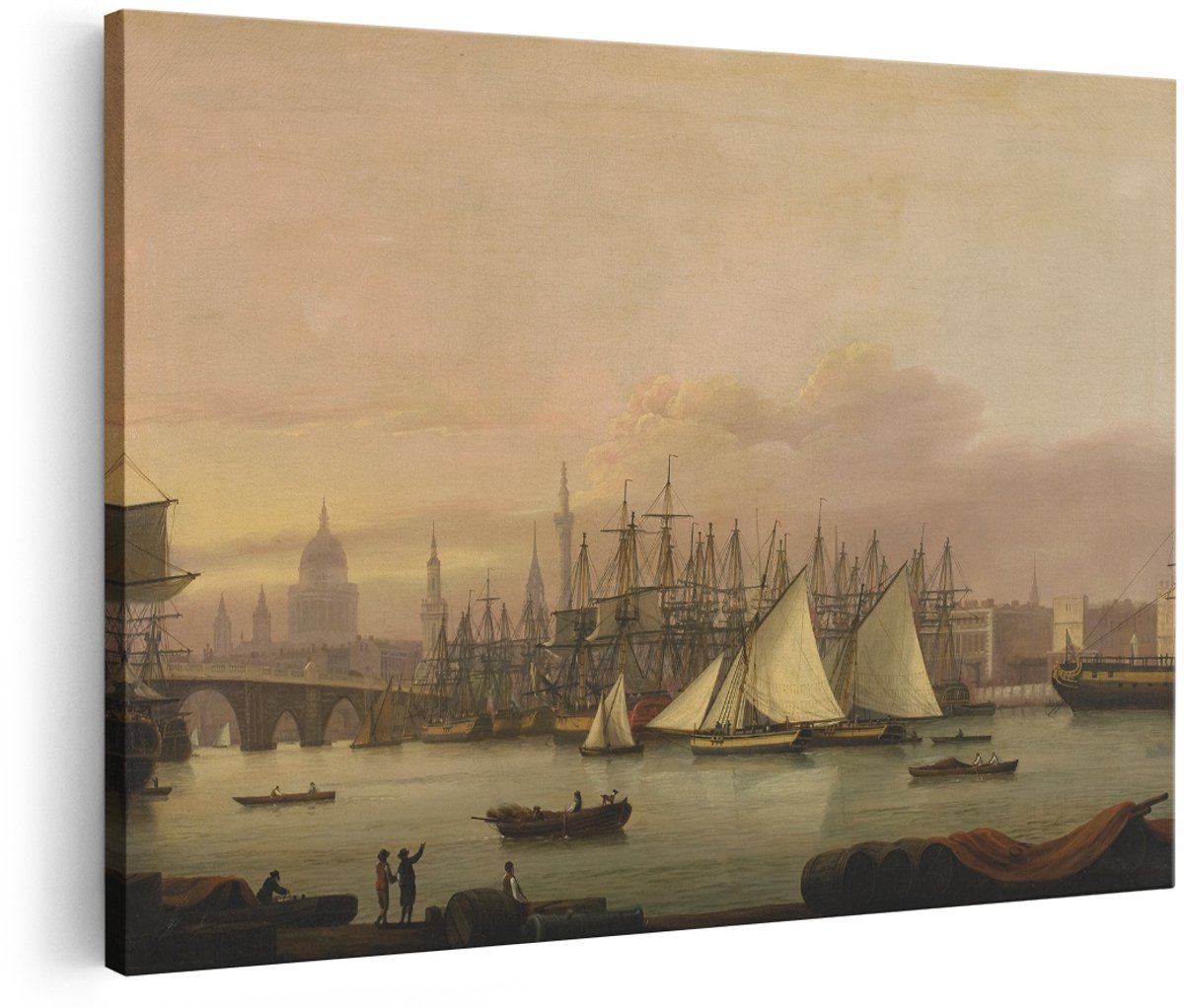 Artaza Canvas Schilderij Londen - 180x120 cm - Groot - Wanddecoratie Haven - Muurdecoratie Zeilschepen - Decoratie Skyline Stad - Klassiek
