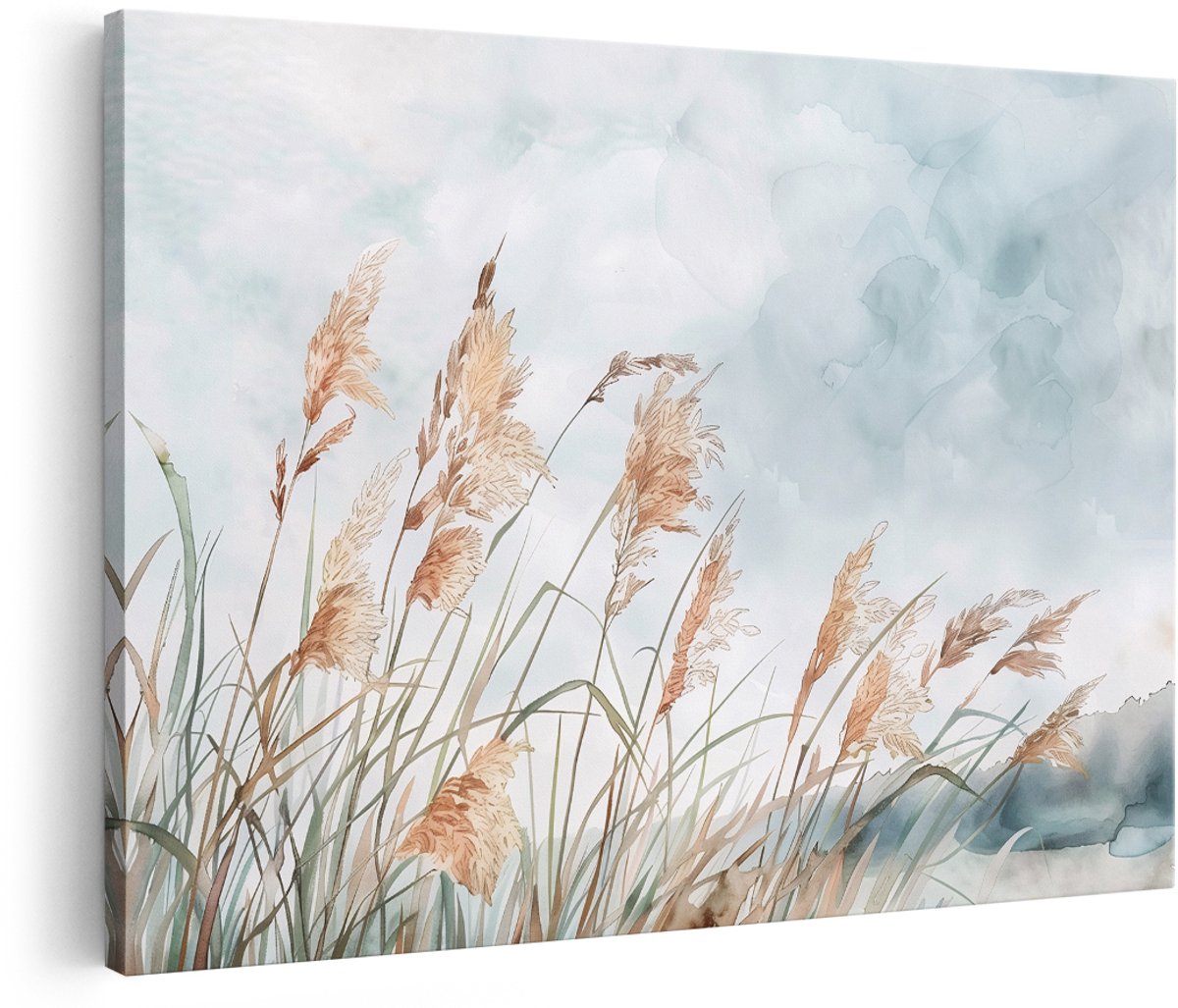Artaza Canvas Schilderij Pampasgras - 180x120 cm - Groot - Wanddecoratie Boho - Muurdecoratie Aquarel Natuur - Decoratie Woonkamer Bohemian