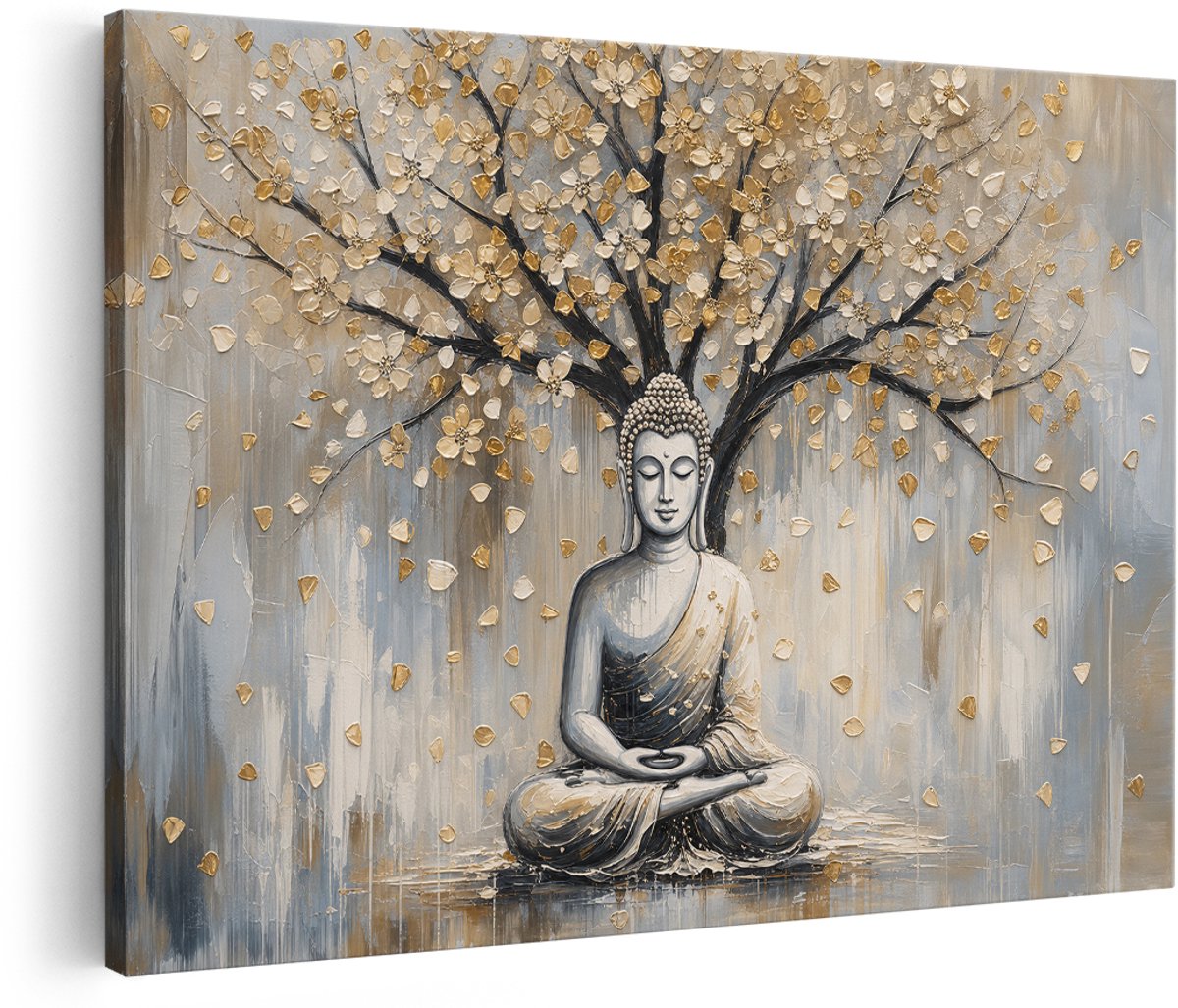 Artaza Canvas Schilderij Boeddha Met Bloemen En Gouden Bladeren - Kunst - 180x120 cm - Groot - Wanddecoratie Woonkamer - Schilderijen - Muurdecoratie