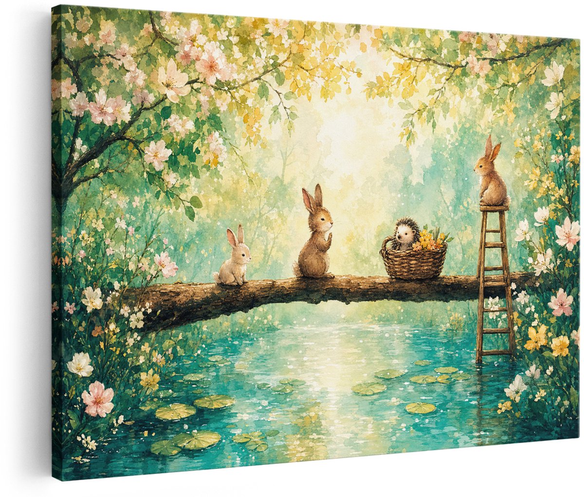 Artaza Canvas Schilderij Schilderende Dieren Bij De Vijver - Aquarel Natuur - 180x120 cm - Groot - Wanddecoratie Woonkamer - Schilderijen - Muurdecoratie