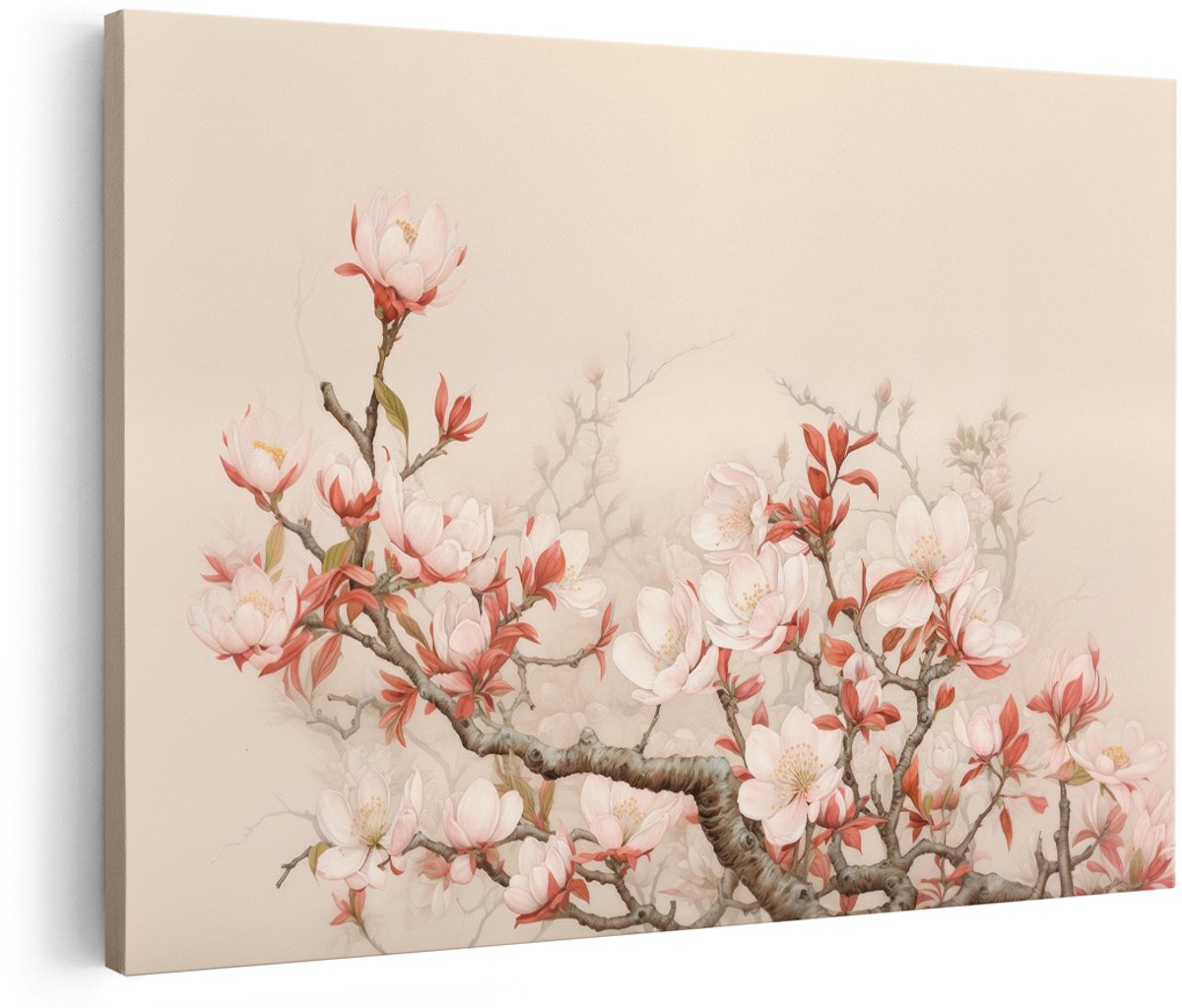 Artaza Canvas Schilderij Magnolia Bloesem - 180x120 cm - Groot - Wanddecoratie Bloemen Japandi - Muurdecoratie Natuur - Decoratie Woonkamer Roze